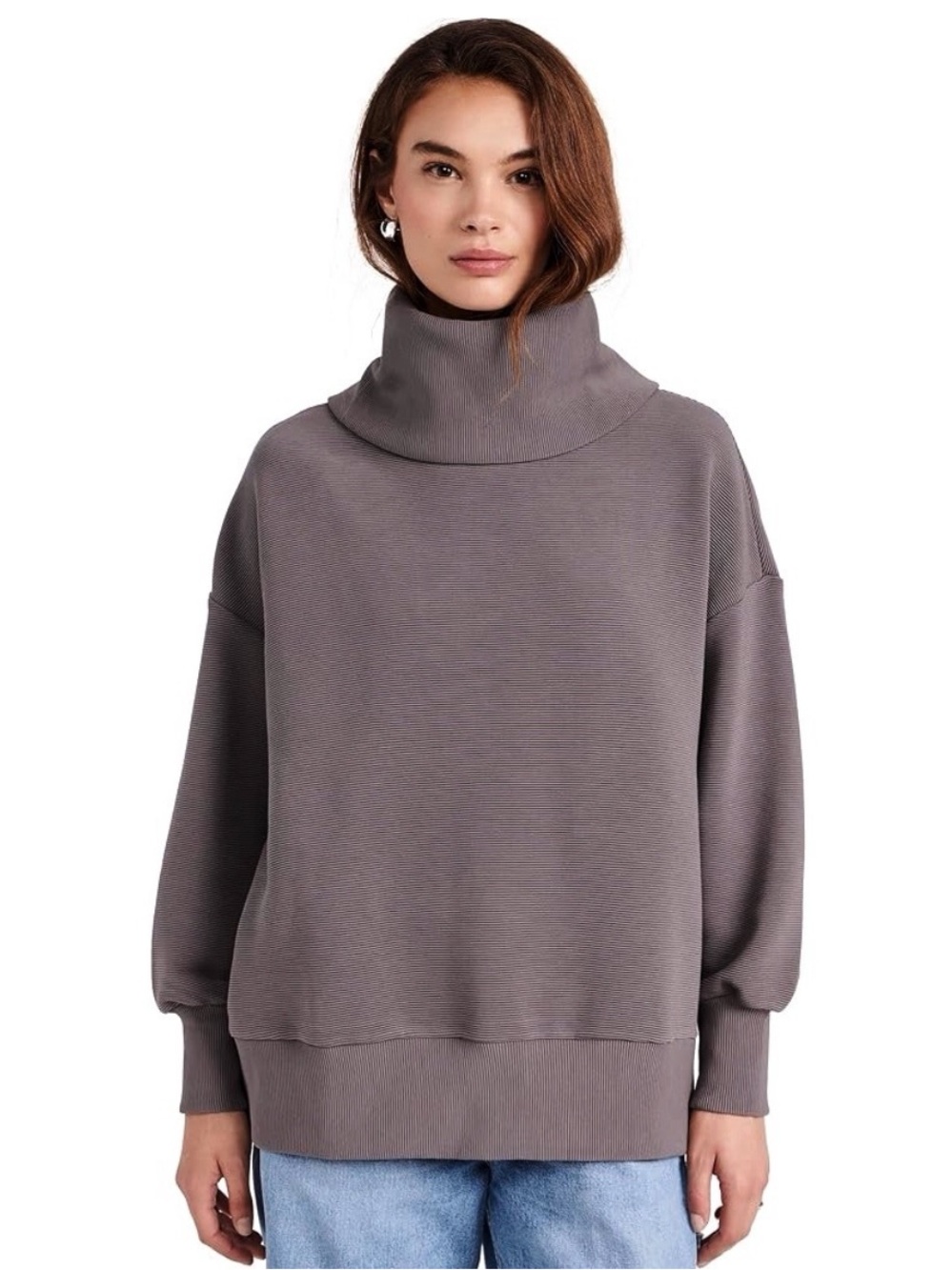 Varley Milton Sweatshirt - Ottoman Fabric - Deep Charcoal Roll Neck Side Zip
